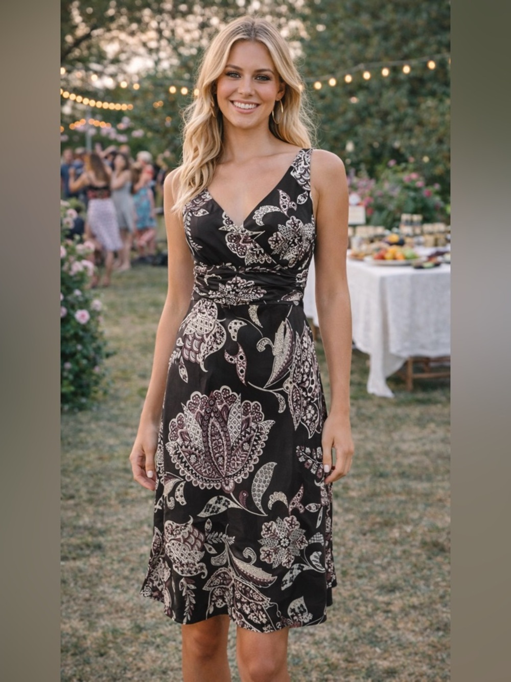 Ann Taylor Petite Paisley Silk Dress Brown Cream Sleeveless Midi 12 P Garden